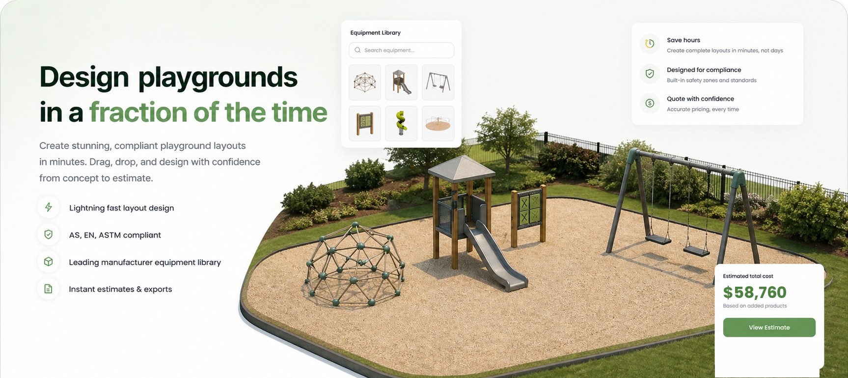 Park Plan landing page mockup — design playgrounds in a fraction of the time. Equipment library, drag-and-drop play area with climbing dome, play tower with slide and swings, automatic safety compliance, and an instant cost estimate.